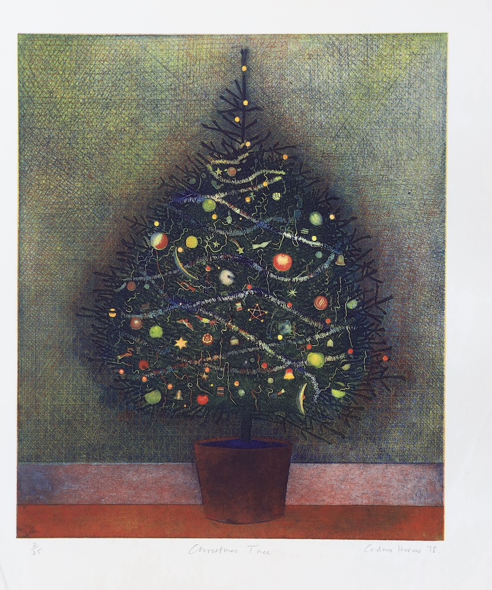 Cedric Horner (1937 - 2003), eight limited edition etchings, Plantation in Winter 29/50, Firework 6/50, The Visit 19/50, Christmas Tree 2/25 and 14/25, Fairground Figure, together with a figure sketch (8)